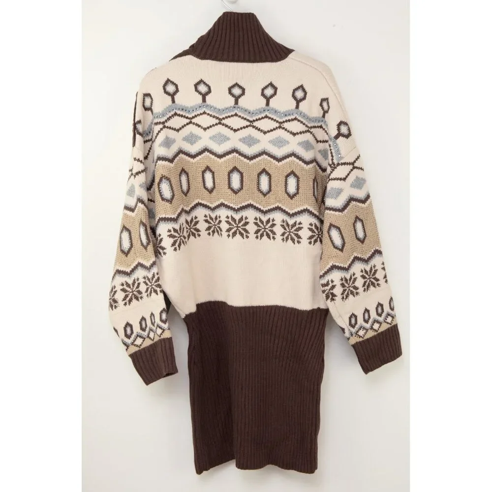 Retrofete Goldle Dress Sweater Mini Knit Long Sleeve Brown Cream Size Large New - Picture 2 of 9